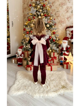 Bordowa, welurowa bluza z tiulową kokardą z tyły, bordowe legginsy ze spódniczką