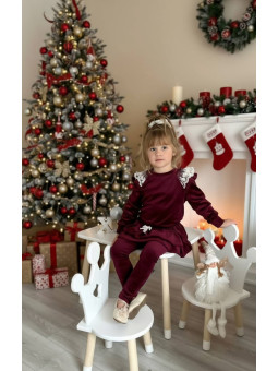 Bordowa, welurowa bluza z tiulową kokardą z tyły, bordowe legginsy ze spódniczką