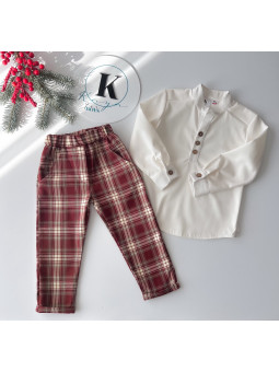 Komplet na święta dla chłopca koszula ecru spodnie w kratkę Kaya