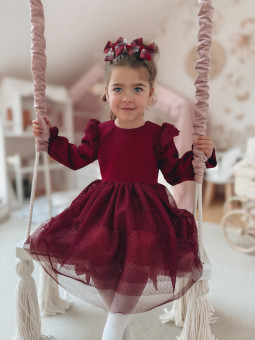 Sukienka z tiulem i brokatem dla dziewczynki w kolorze bordowym