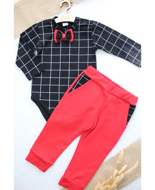 Komplet niemowlęcy dla chłopca body z muszką i spodnie z kieszonkami Gamex