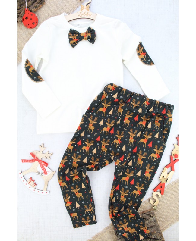 Świąteczny komplet dla chłopca biała bluzka z muchą i spodnie w renifery