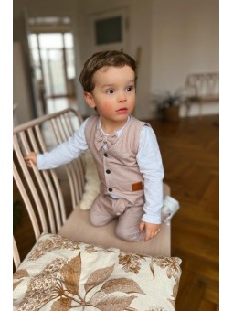 Komplet elegant, biała bluzka z muszką, kamizelka i spodnie baggy Mati Made