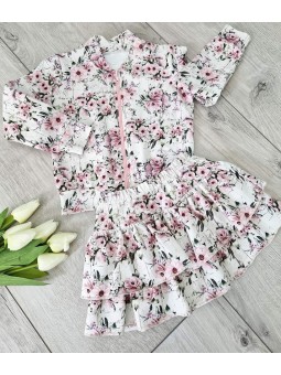 Rozpinana bluza i spódniczka z falbankami w kwiatki szaro- różowa Filipinka