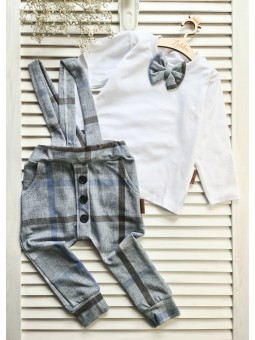 elegancki komplet w kratkę dla chłopca frak, spodnie z szelkami, bluzka z muszką