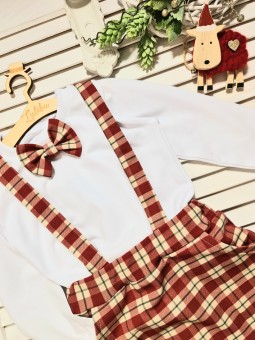 Świąteczny komplet biała bluzka z muchą i baggy w czerwono- beżową kratę