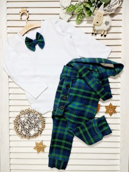 Świąteczny komplet biała bluzka z muchą i baggy w zielono- granatową kratkę