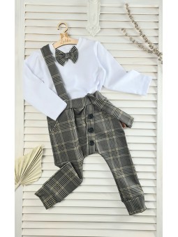 Elegancki komplet dla chłopca bluzka z muchą i spodnie z szelkami w kratkę