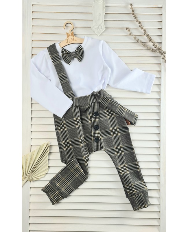 Elegancki komplet dla chłopca bluzka z muchą i spodnie z szelkami w kratkę