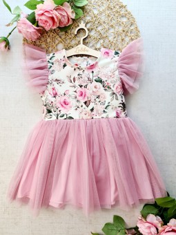 Sukienka z bawełnianą górą w kwiaty i lekkim, różowym tiulem Madżi