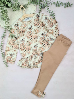 bluzki z długim rękawem we wzór z jelonkiem bambi w komplecie z brązowymi legginsami z bawełnianej dresówki