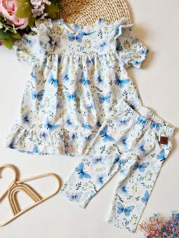 Letni komplet tunika na krótki rękaw z legginsami za kolano w niebieskie motylki